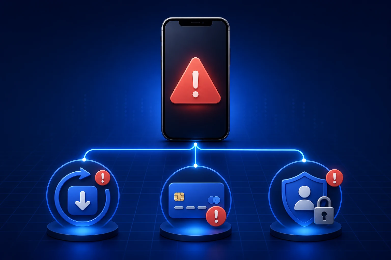 您的账户已在app store和itunes中被禁用提示场景图：手机警告分支指向应用更新、付款方式异常和账户风控，帮助读者判断问题来源并选择正确排查路径，避免盲目改密码、删卡或改账单地址造成验证障碍，并按实际触发场景采取安全有效的处理步骤。