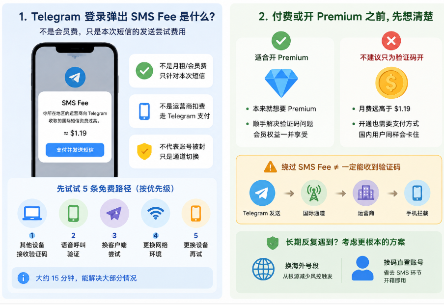 telegram登录收费提示图解,说明 SMS Fee 不是会员费或封号,而是一次短信发送尝试费用,并展示 5 种免费登录解决方案与 Premium 选择建议