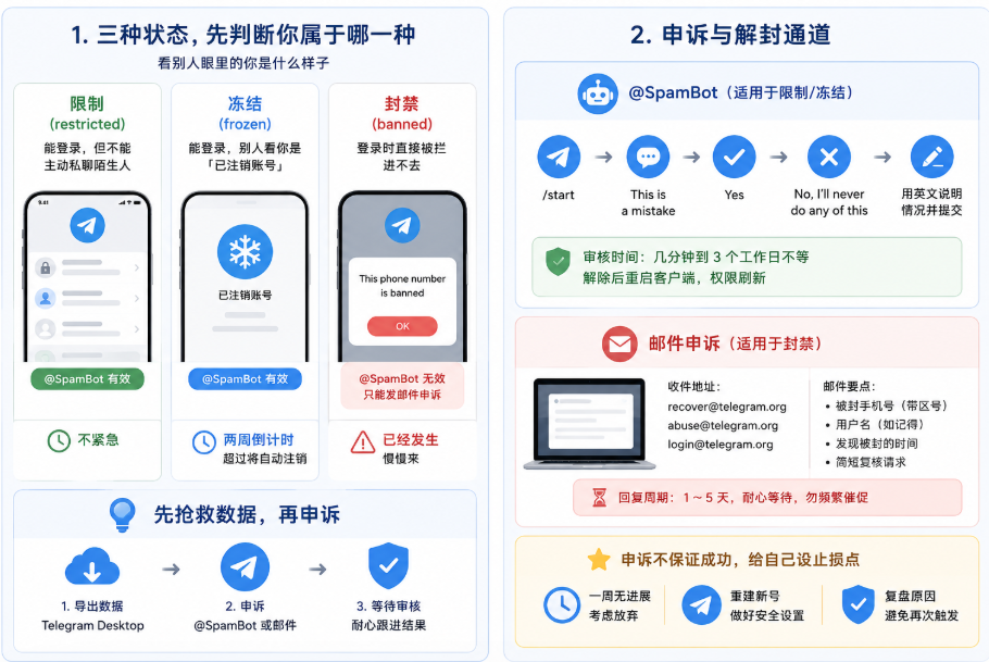 tg账号被冻结,telegram被封禁怎么解封示意图,对比限制、冻结和封禁三种状态,说明先判断账号状态、先导出数据,再通过 @SpamBot 或邮件申诉解封