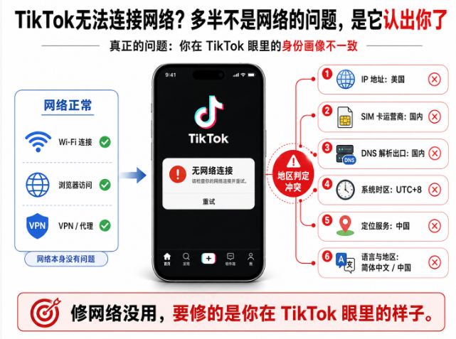 TikTok无法连接网络原因示意图：IP、SIM卡、DNS、系统时区、定位和语言地区不一致导致地区判定冲突