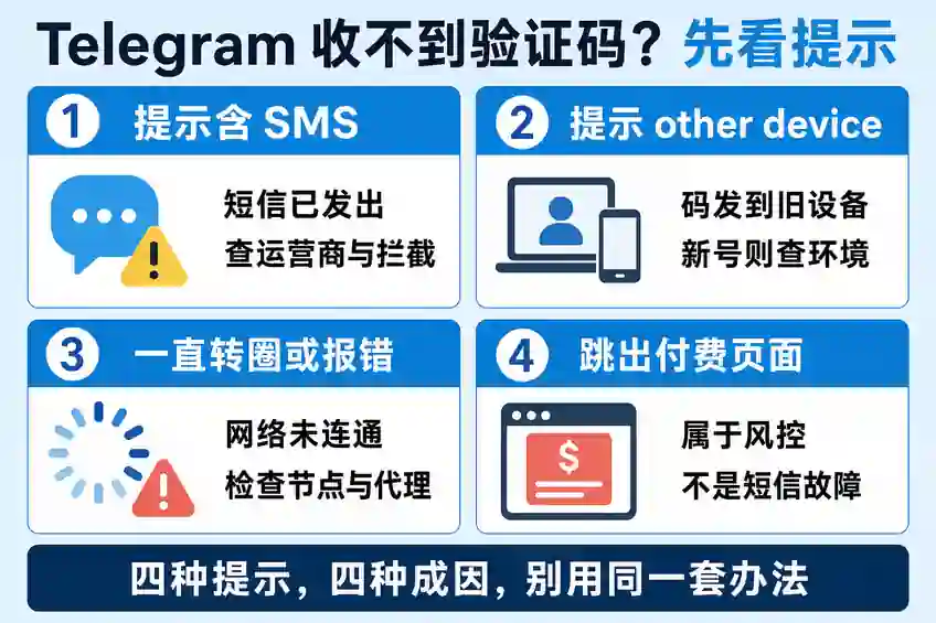 telegram收不到验证码四种成因诊断图：根据屏幕提示区分短信已发但被拦截、验证码发往旧设备、网络未连通及付费风控页面，帮助先看SMS或other device关键词，再排查运营商、手机过滤、节点代理和环境，避免反复重发或盲目卸载重装等。
