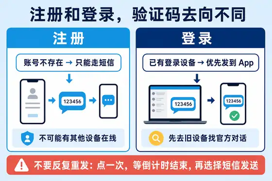 Telegram注册与登录验证码去向对比图：注册只能走短信，登录优先把验证码发送到已有登录设备，并提醒不要反复重发