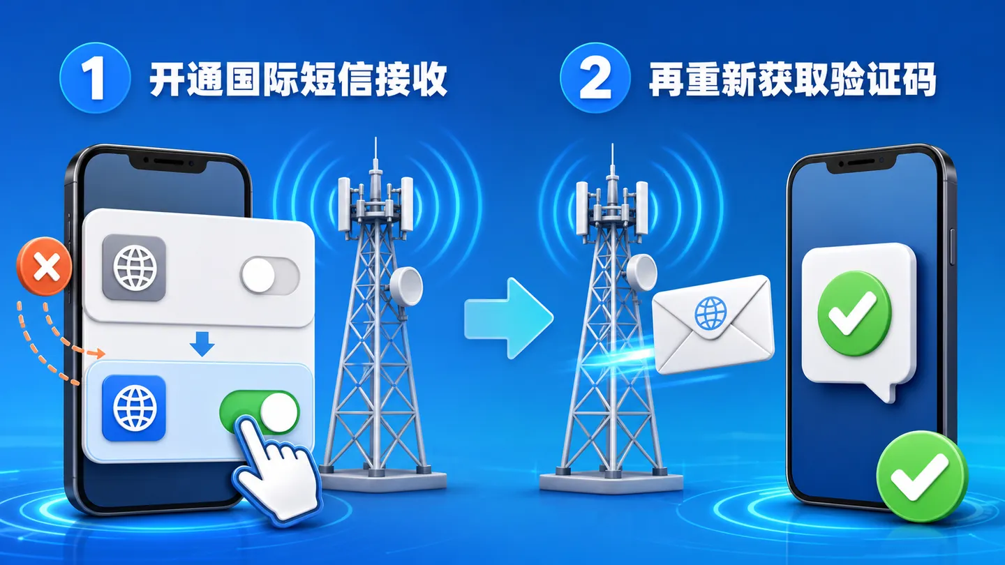 中国手机号开通国际短信接收后,重新获取 Telegram 验证码的两步操作示意图