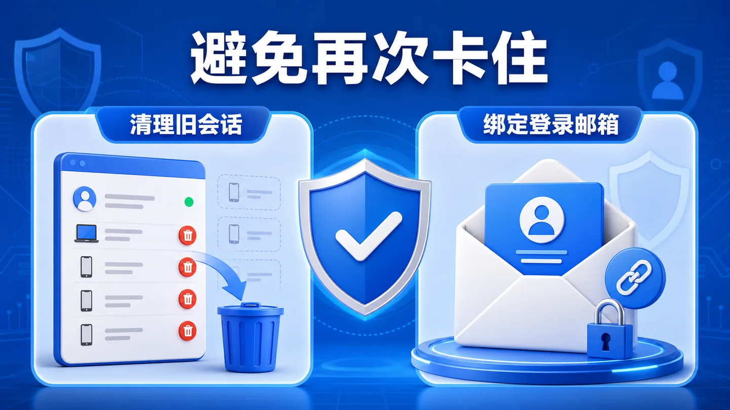 Telegram 登录安全设置示意：清理旧会话并提前绑定登录邮箱