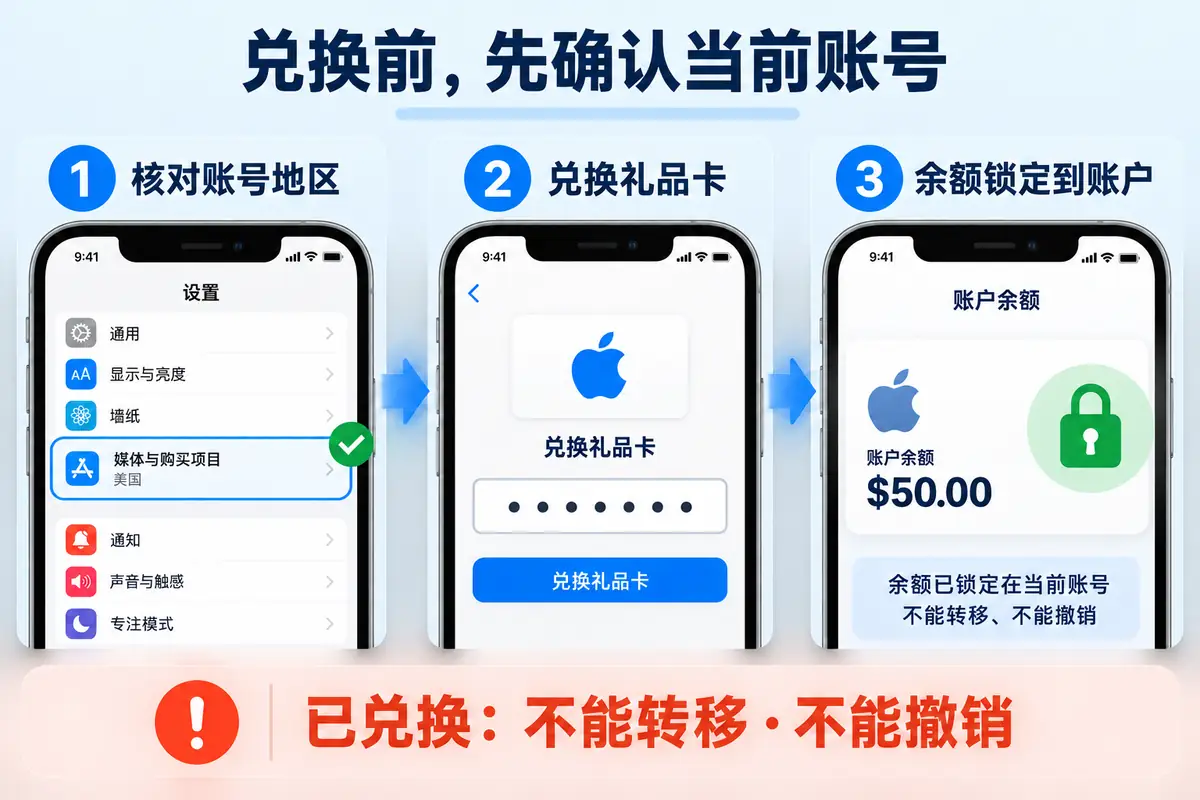 兑换苹果礼品卡前先核对“媒体与购买项目”中的美区账号，代码兑换后余额会锁定在当前账户，无法转移到其他 Apple ID，也不能撤销。