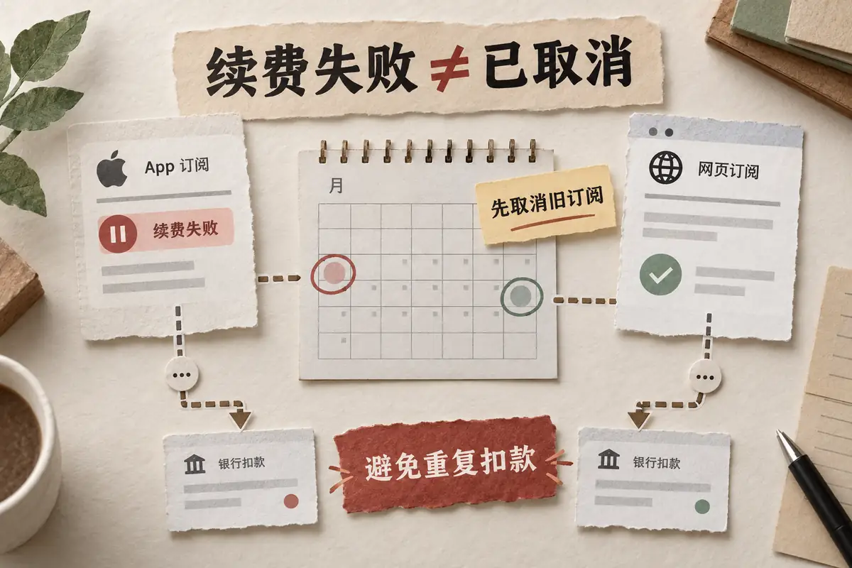 续费失败不代表订阅已经取消,重新开通网页订阅前应先停止旧的App内订阅,避免两个平台同时扣款