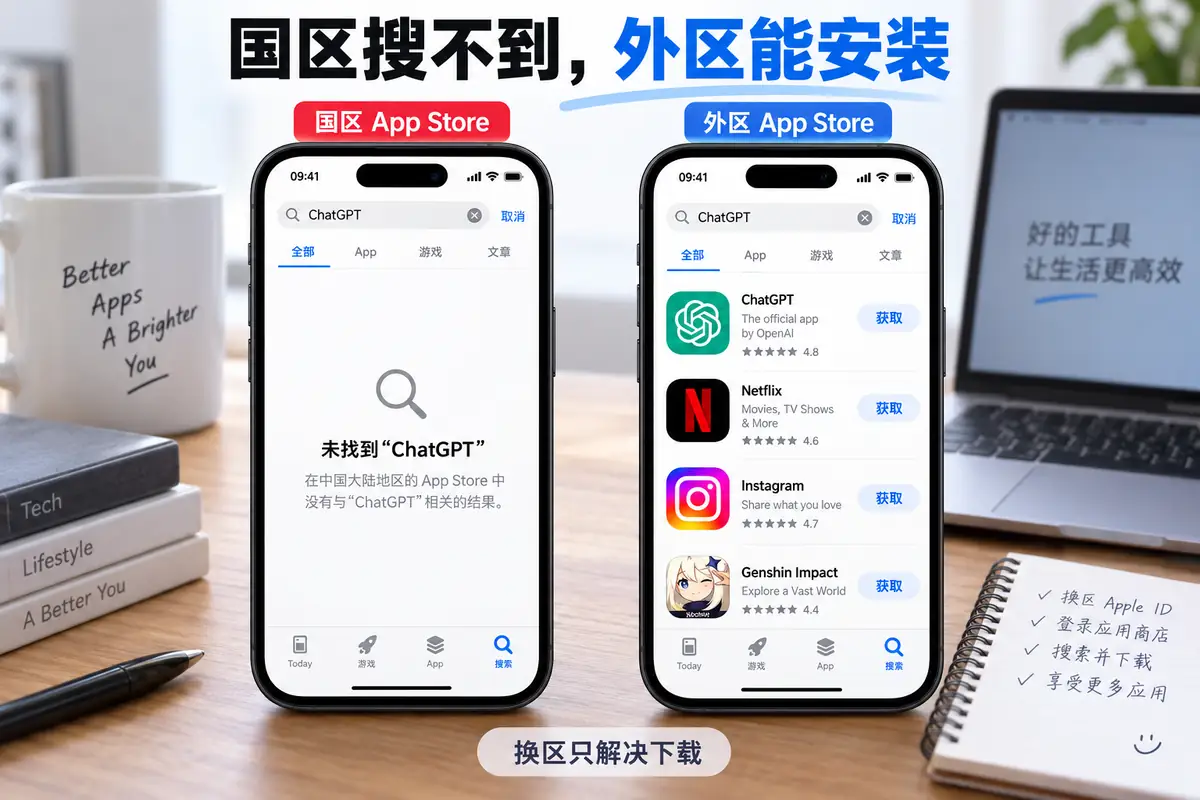 国区app store下载不了时,先确认应用是从未上架、被要求移除还是缺少版号;为什么国区没有这个app的答案不同。换用外区Apple ID通常只能解决搜索与下载安装,不能改变应用消失原因、账号注册、订阅付款、手机验证和游戏区服等后续限制。