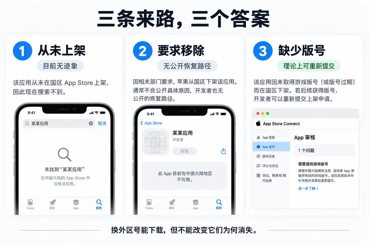 国区 App Store 中应用消失的三种原因:从未上架、被要求移除或缺少游戏版号,换用外区账号只能解决下载,不能改变恢复条件。