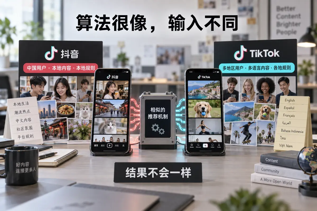 抖音和tiktok的区别不在公式，而在用户、内容池、语言、审核尺度与市场环境不同。tiktok算法会参考互动、视频信息和设备设置，但没有公布精确权重。迁移经验时，可保留开头、节奏和完播等注意力规律，发布时间、热点、审核与变现条件应重新验证。