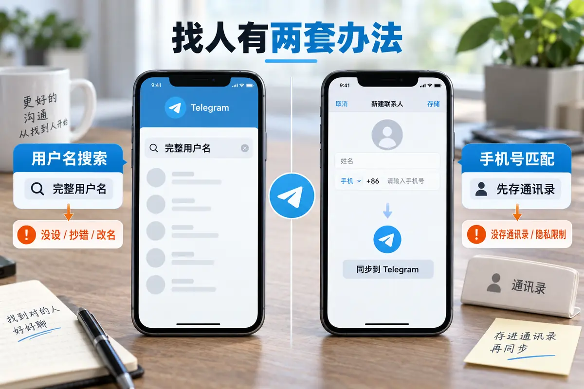 telegram怎么加好友，先分清用户名还是手机号：用户名需完整匹配，手机号要先存入通讯录同步。遇到telegram用户名搜不到人，可能是对方没设置、改名、输错或限制被搜索；若两套都失败，可改用t.me链接、二维码或共同群组直接进入资料页。