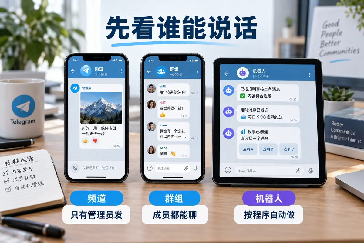 telegram建群更适合成员讨论、答疑和社群互动，成员都能发言；telegram怎么建频道先确定公开或私有，由管理员单向发布。多数社群会把频道和群组关联，让频道负责发、群组负责聊，再用机器人完成验证、删广告和投票，但只授予实际需要的权限。
