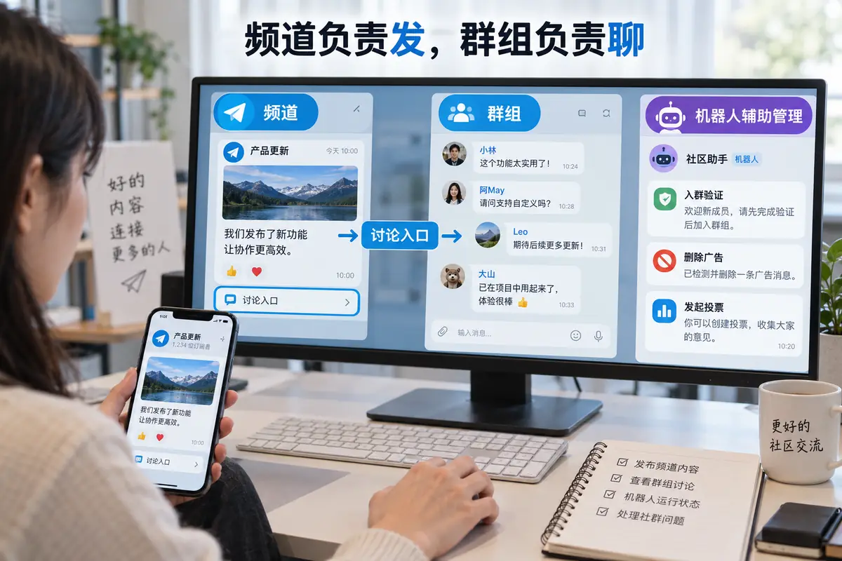 Telegram社群通常由频道单向发布内容、关联群组承接成员讨论，再由机器人执行入群验证、删除广告和发起投票等辅助管理工作。
