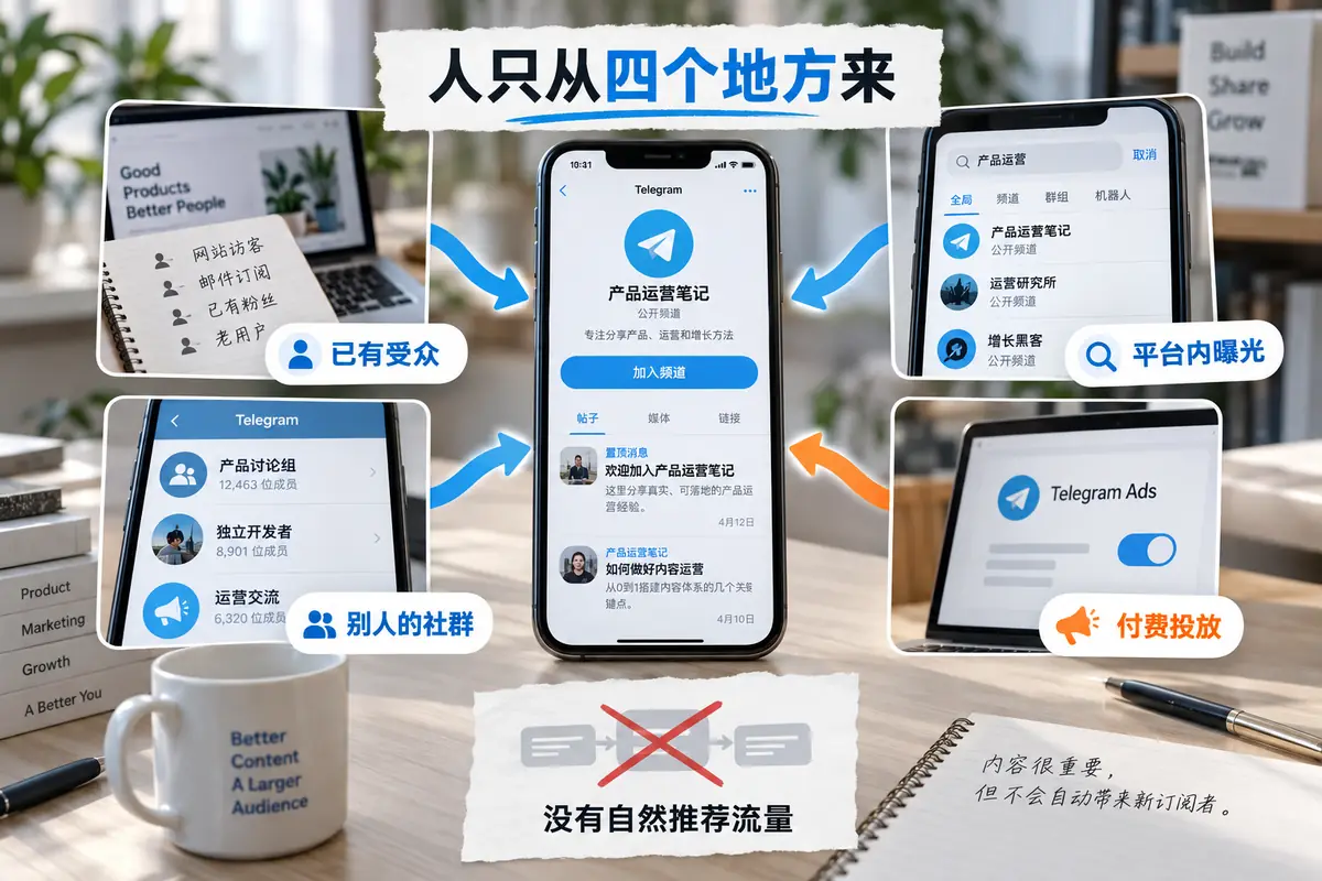 telegram频道涨粉不靠平台推荐,只能从已有受众、别人的社群、平台内搜索与相似频道、付费广告四处获得订阅者。做telegram引流时,正常参与和频道互推更稳,批量拉人或群发私信虽然快,却可能让管理员账号受限,并连带影响管理的频道和群组。