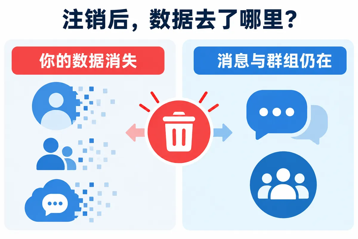 Telegram账号注销后个人数据消失,而已发送消息和群组仍然保留的对比图