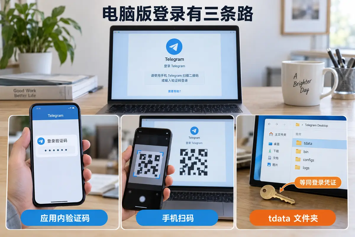 Telegram电脑版可通过应用内验证码、手机扫码或完整tdata文件夹登录,其中tdata等同登录凭证,应妥善保管并定期检查在线会话。