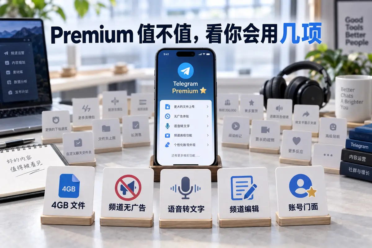 telegram premium值不值得,不在功能数量,而在你是否传4GB大文件、每天刷公开频道、需要语音转文字或运营社群;想知道电报会员有什么用,应看这些功能能否持续省时间。若只和固定联系人聊天,免费版通常够用,不必为偶尔使用的权益付费。