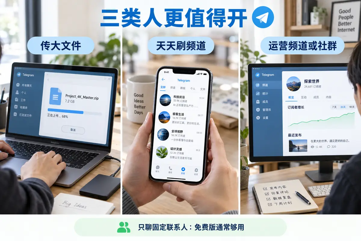 Telegram Premium更适合传大文件、每天浏览公开频道或运营频道社群的人;如果只和固定联系人聊天,免费版通常已经够用。