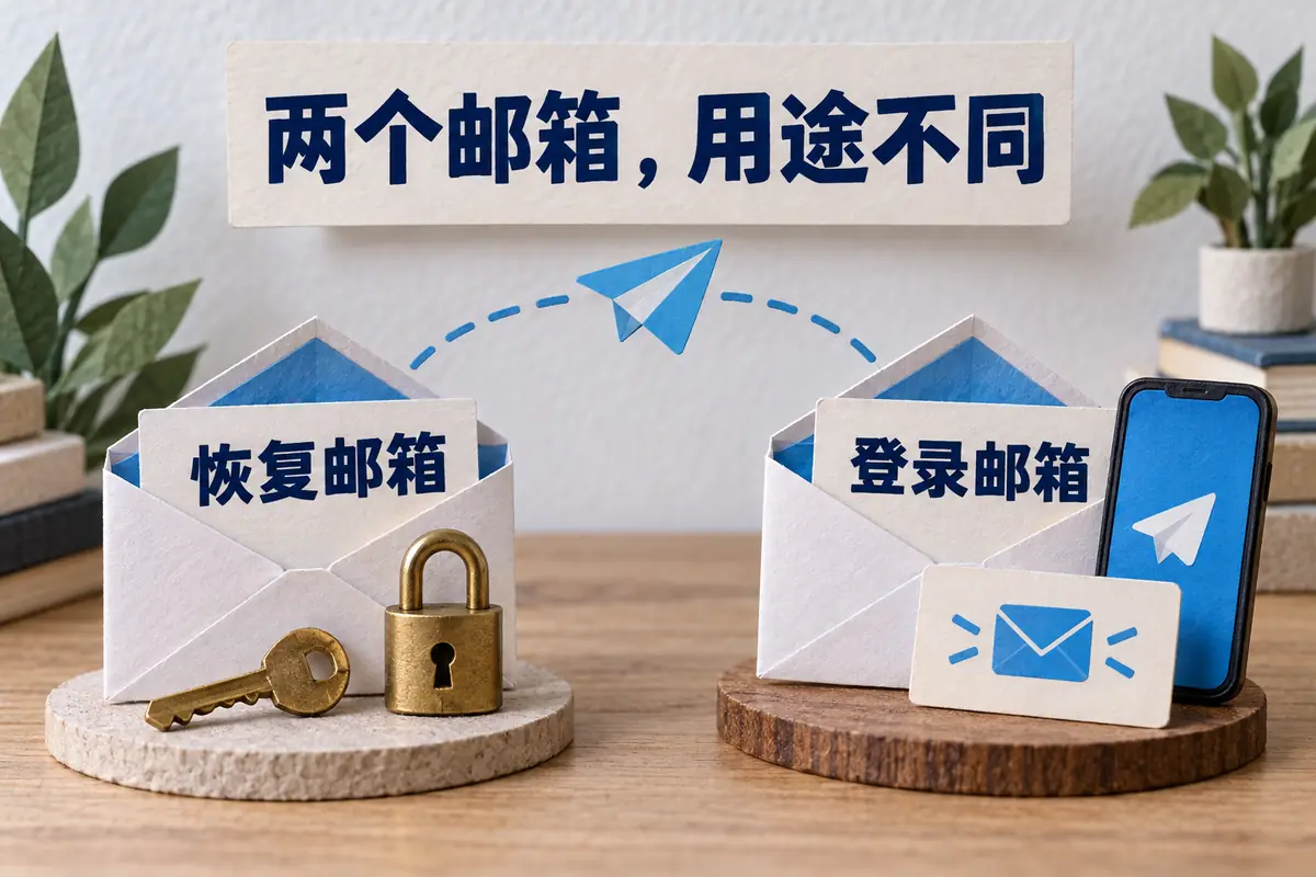 Telegram恢复邮箱和登录邮箱用途不同的实体纸艺对比图