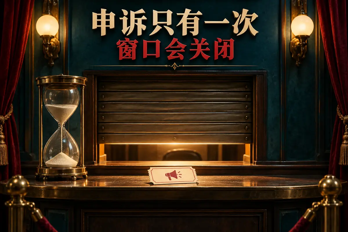 TikTok 申诉窗口限时关闭且只有一次提交机会的剧场装置场景
