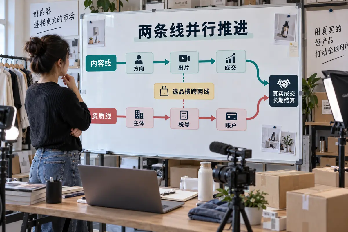 TikTok跨境电商的内容线从账号方向、稳定出片走向真实成交，资质线从企业主体、税号走向收款账户，选品横跨两条线并可同步推进。