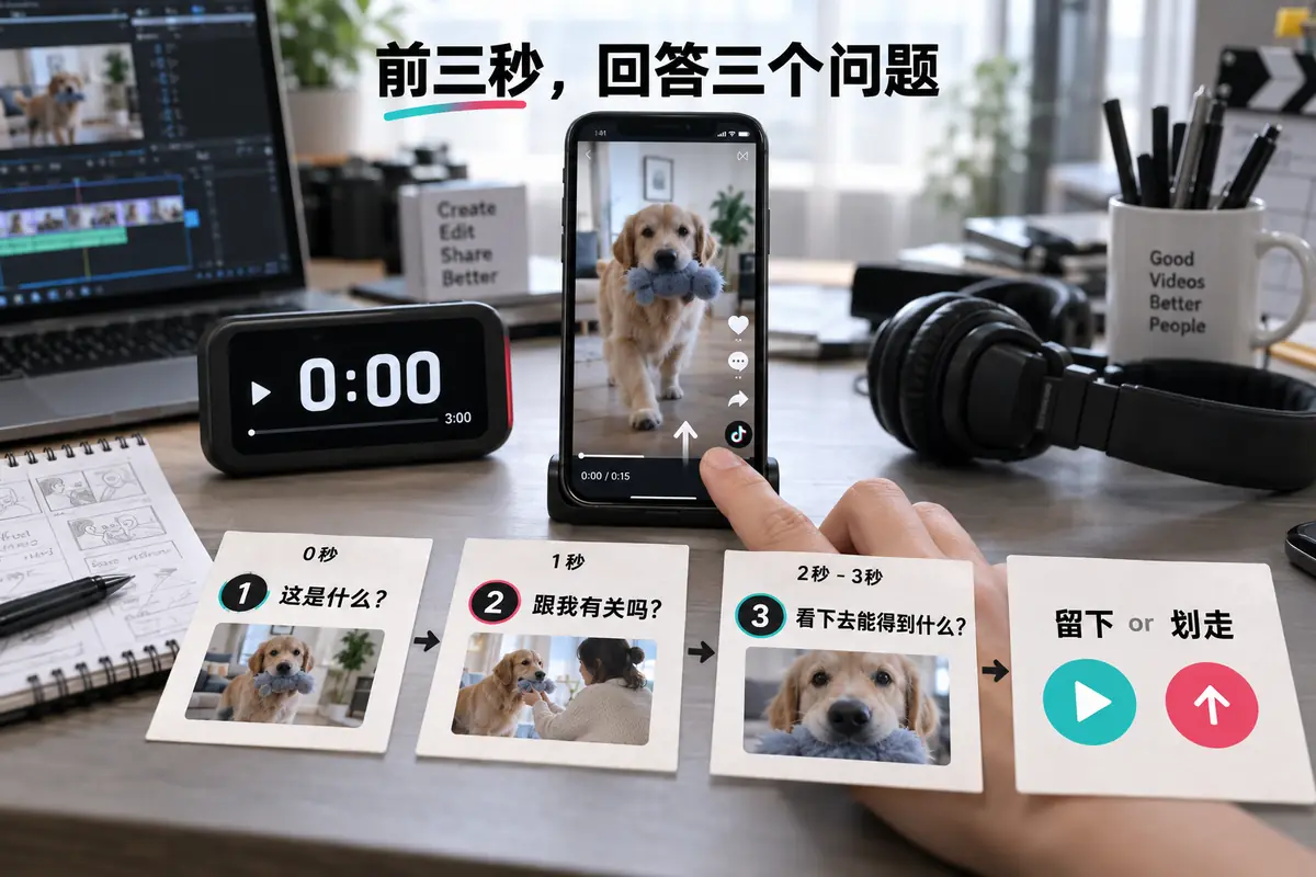 tiktok爆款视频并不是前三秒塞满技巧,而是让观众看懂这是什么、是否与自己有关、继续观看能得到什么。优化tiktok前3秒时,应先剪完整内容,再从成片中挑出最强的一到两秒放到开头;它能提高开头留存,却不能替代中段价值、账号定位和持续更新。