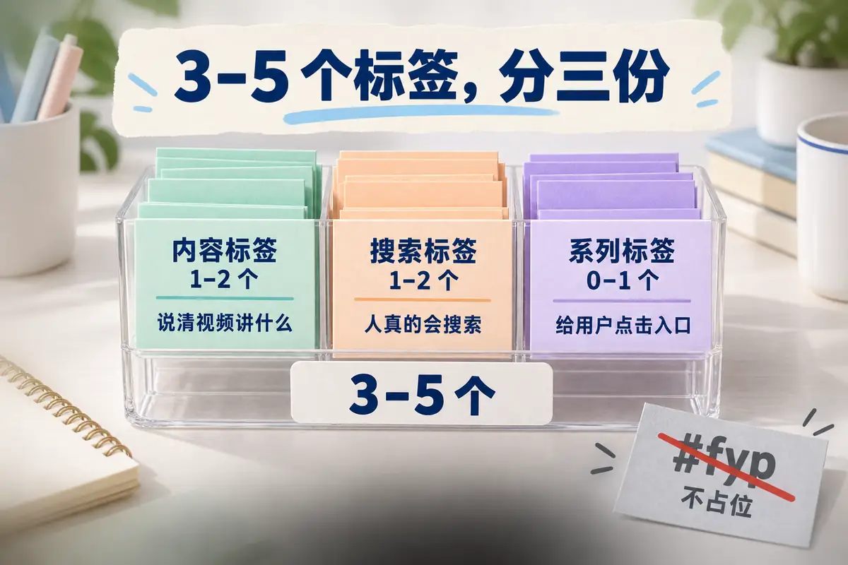 TikTok一条视频的3至5个标签可分为内容标签、搜索标签和系列标签；内容词帮助系统理解主题，搜索词对应用户查询，系列词为读者提供点击入口。