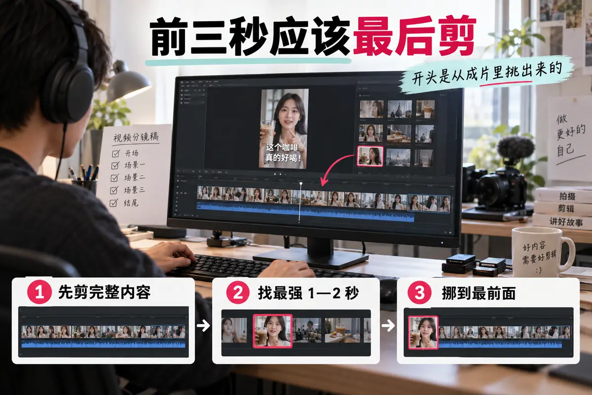 TikTok视频的前三秒应在完整成片之后再剪,从素材中找出最有冲击力的一到两秒放到开头,比提前空想钩子更可靠。