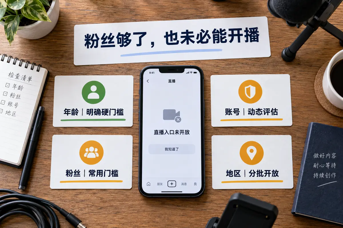 TikTok直播入口未开放时,应依次检查年龄、粉丝、账号状态和地区功能;粉丝达到常用门槛,也不代表其余三项已经通过。