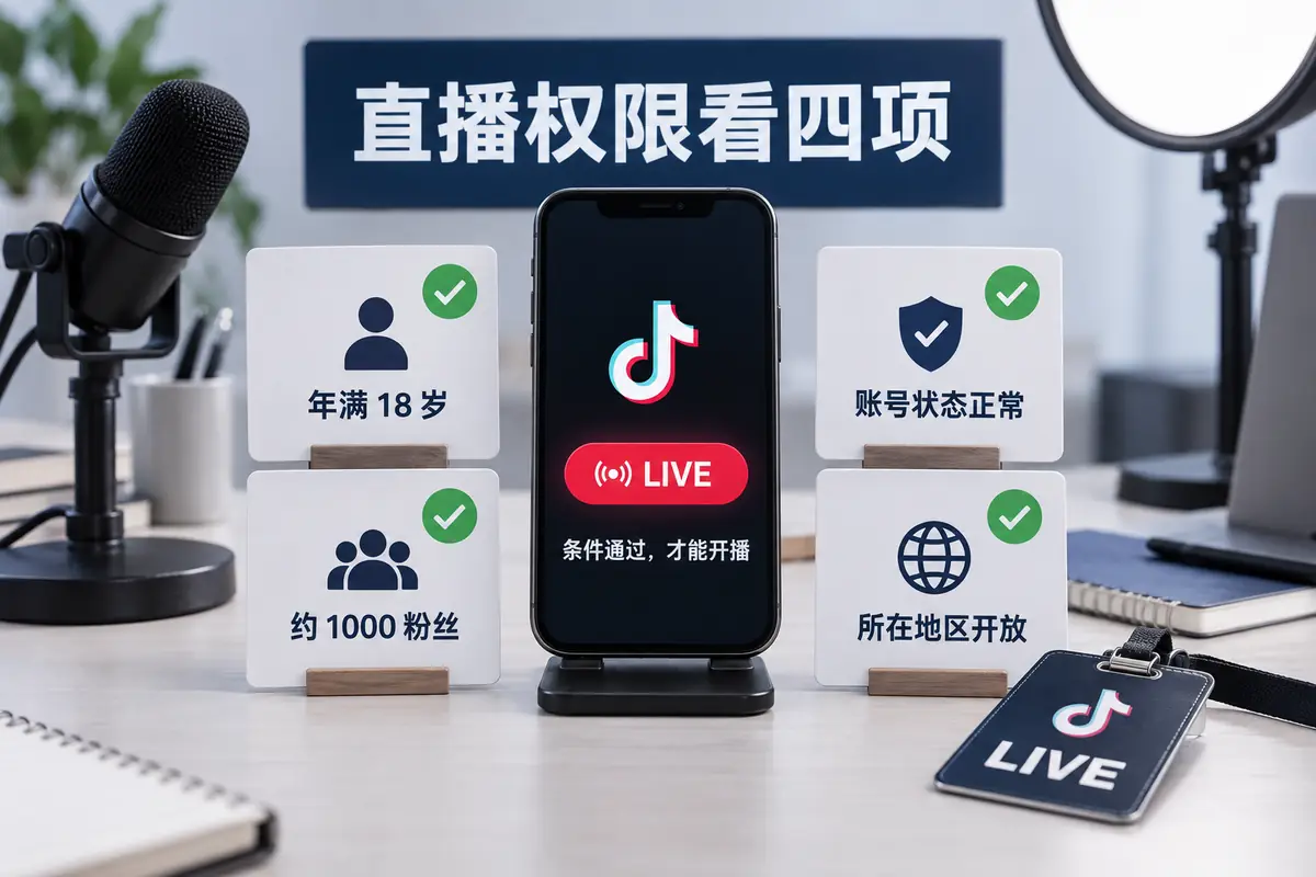 TikTok直播打赏需要先获得开播权限,年龄、粉丝数量、账号状态和所在地区四项均通过后,LIVE按钮才会开放。