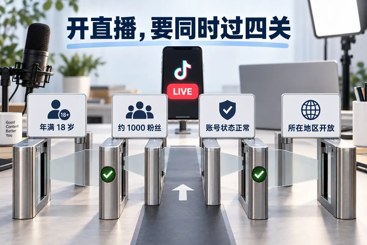 tiktok开直播条件包括年满十八岁、约一千粉丝、账号状态正常和所在地区开放;想知道tiktok直播权限怎么开,不能只检查粉丝数,要确认账号无违规限制、当地功能放开,并在应用内查看LIVE入口。四项要求会失效,全部满足后才可能获得开播资格。