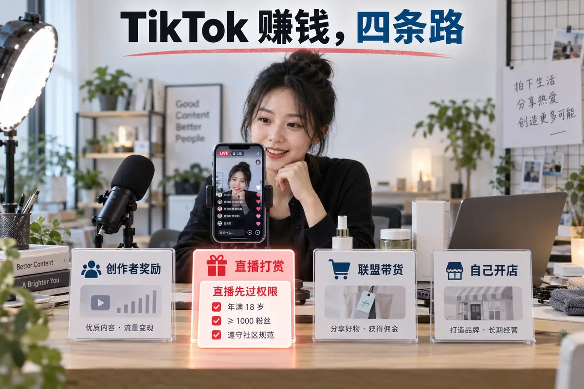 tiktok创作者基金已停止,由创作者奖励计划接替;想了解tiktok怎么赚钱,应比较创作者奖励、直播打赏、联盟带货和自己开店四条路径。图中突出直播权限门槛,包括年龄、约一千粉丝、账号状态和地区开放条件,帮助创作者判断最接近哪一种变现方式。