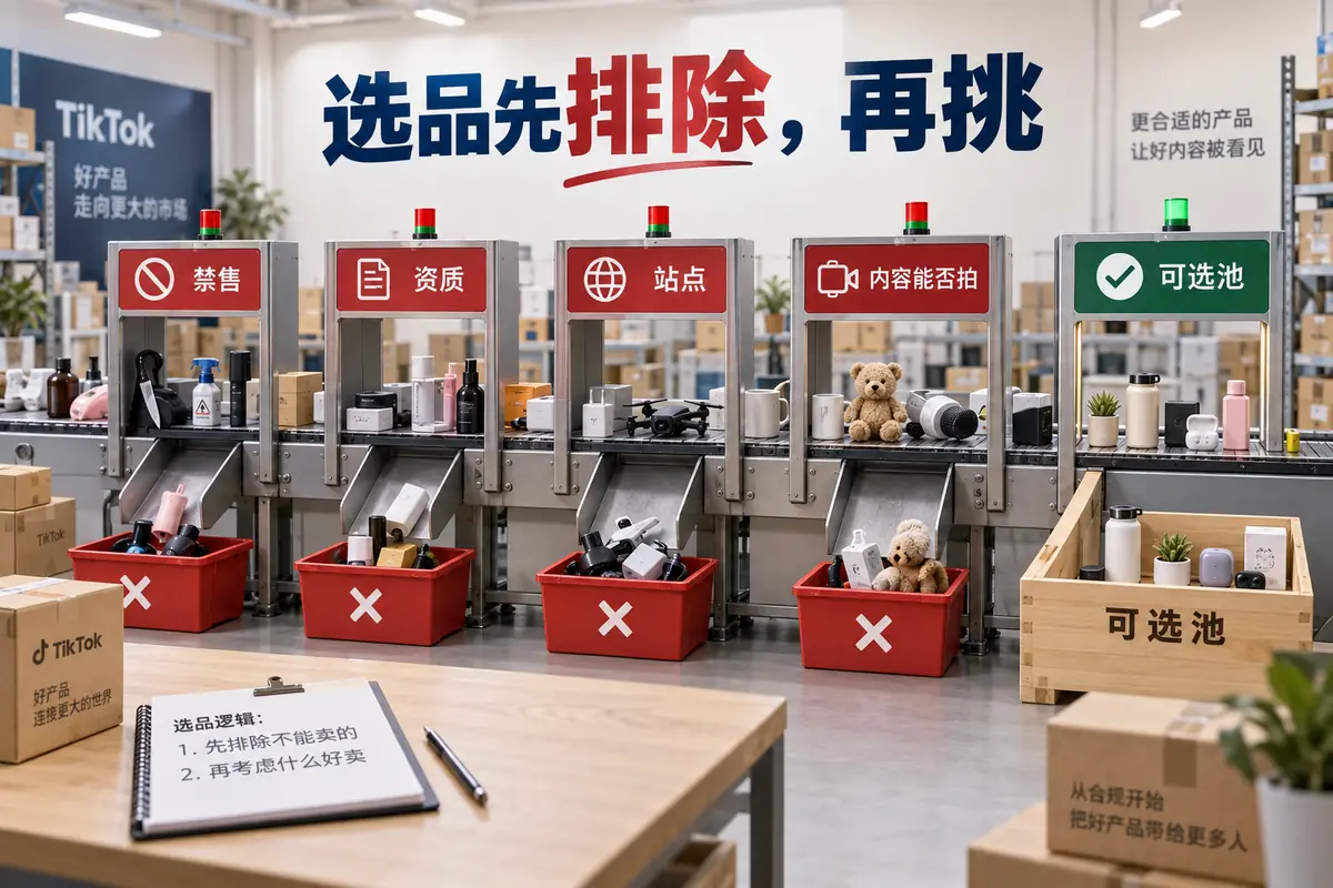 tiktok选品不应先抄爆款榜，而要排除禁售品、缺少资质的受限品类和未开放站点；想判断tiktok卖什么好，要测试商品效果能否三秒看懂、十五秒讲清，并持续拍出二十种内容。先完成合规与内容筛选，再比较需求、利润和供应能力，能减少备货后的返工。