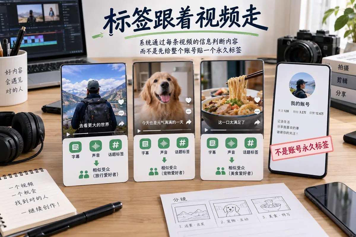 TikTok的字幕、声音和话题标签都属于单条视频信息，系统据此寻找相似受众，并不会先给整个账号贴上永久标签。