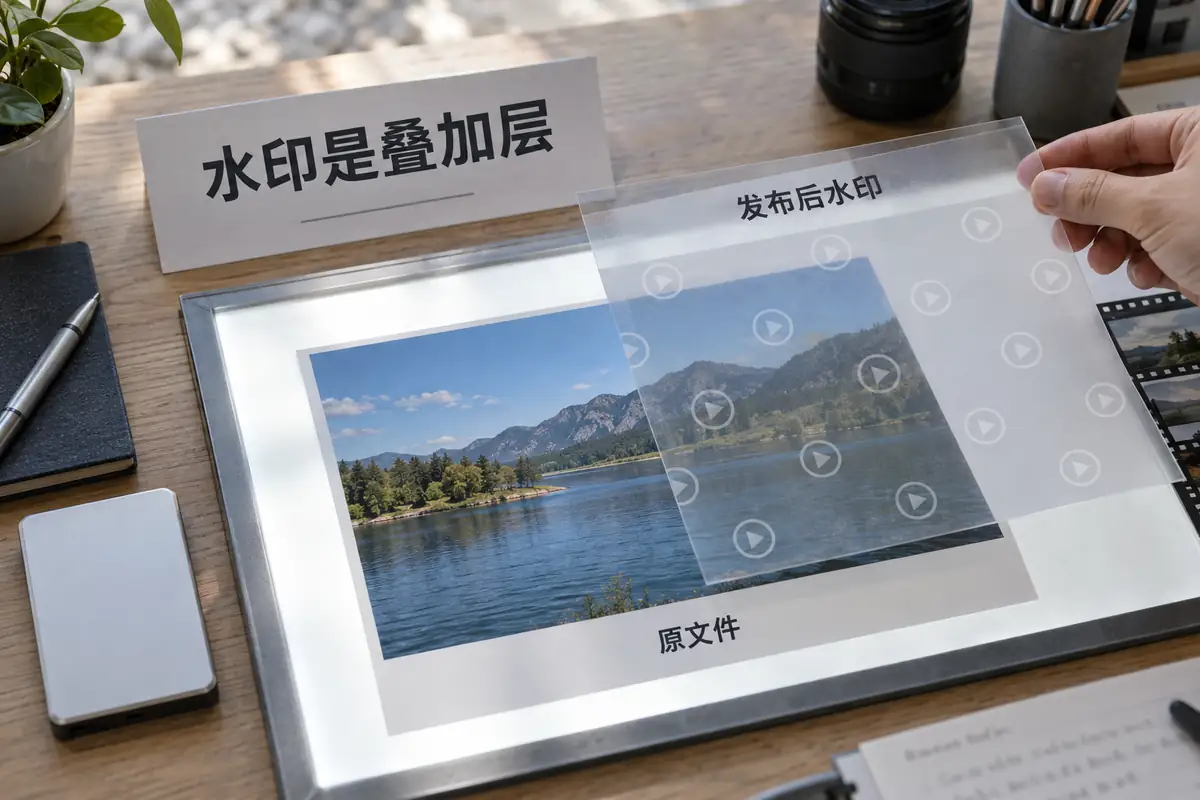 视频水印是发布后叠加的署名层,原始文件本身没有水印,两者不是同一个文件版本