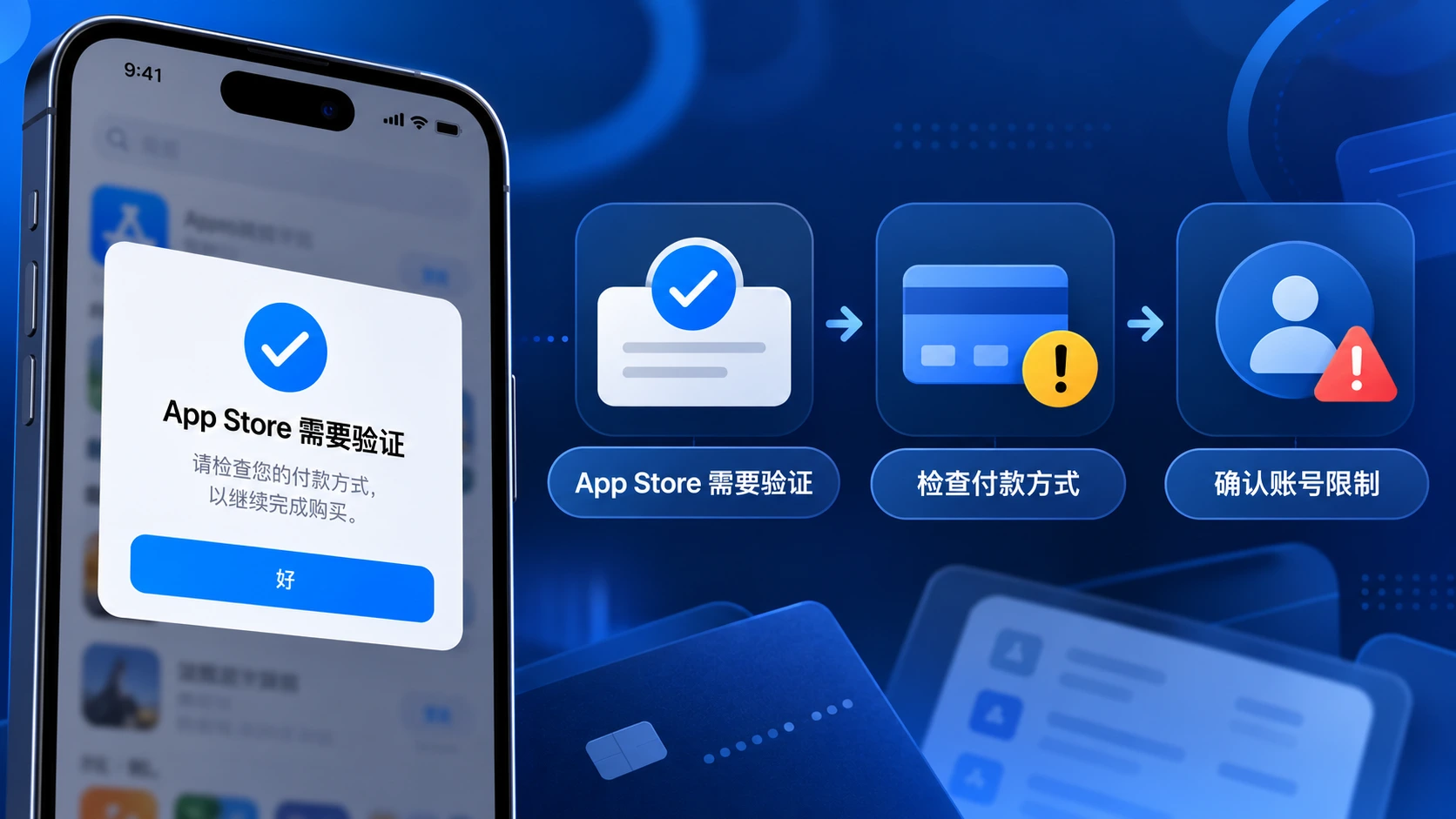 app store 需要验证时的排查流程图,说明如何检查付款方式、网络与账号限制