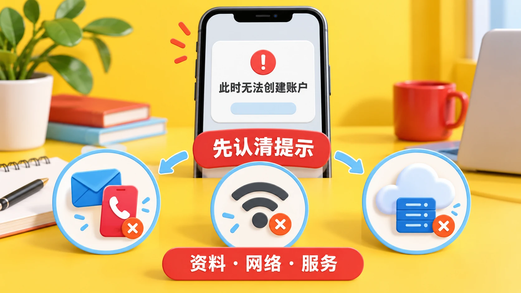 此时无法创建你的账户时的排查示意图，说明应先核对完整提示，再检查资料占用、网络和 Apple 服务