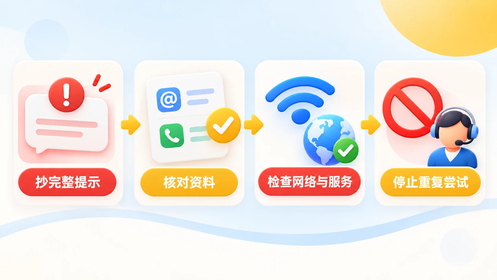 Apple 账户创建失败检查流程图，依次核对提示原文、邮箱手机号、网络服务状态并停止重复提交