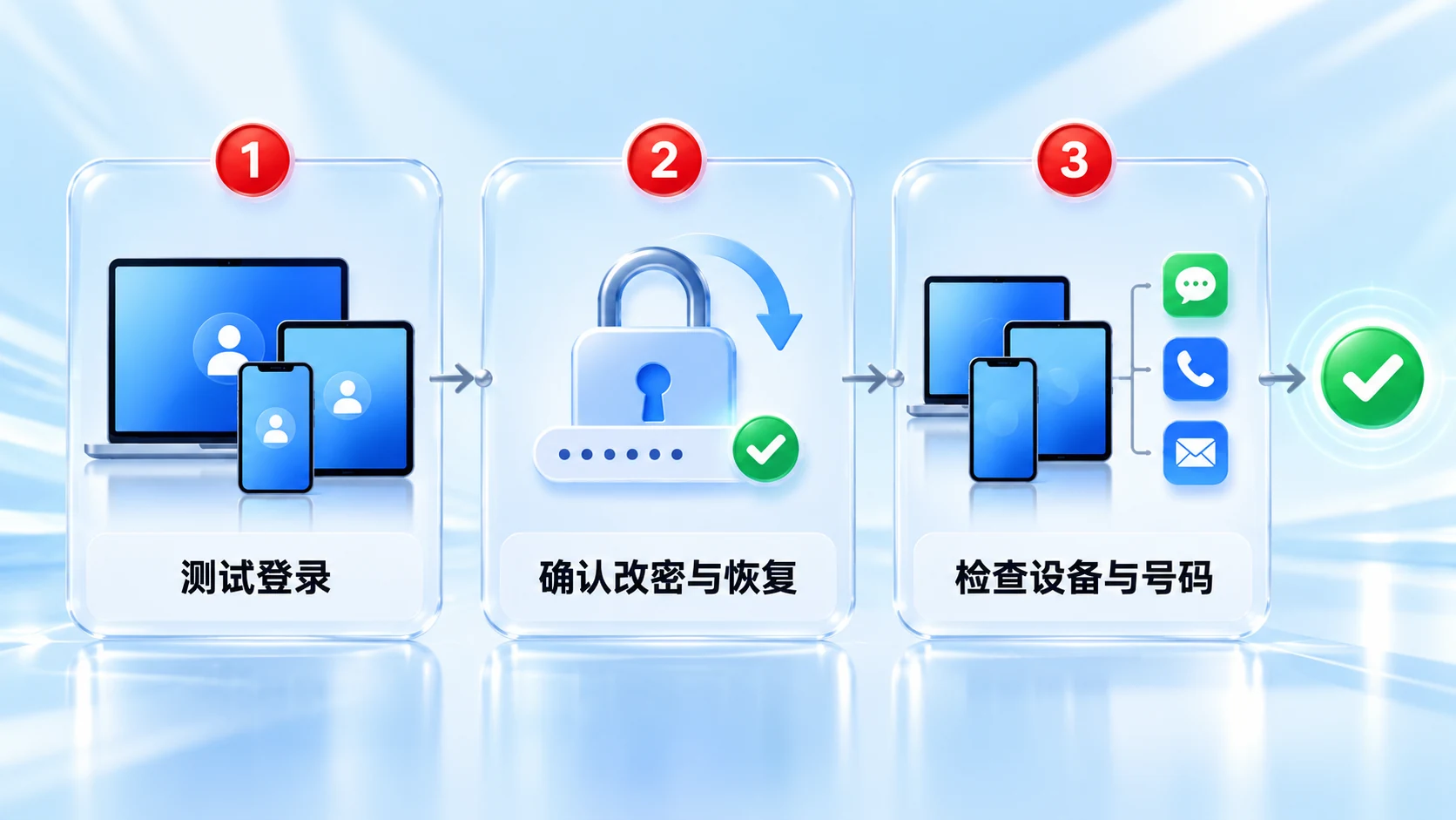 补全 Apple 账户安全信息后的检查步骤，包括测试登录、确认改密恢复和核对设备号码