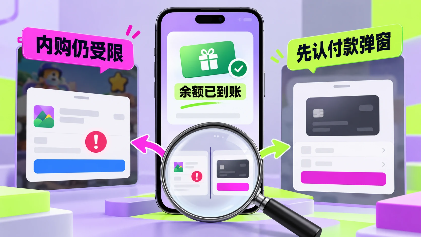 礼品卡余额不能内购时的付款弹窗辨认图，说明余额到账后如何区分 App Store 内购与 Apple Pay