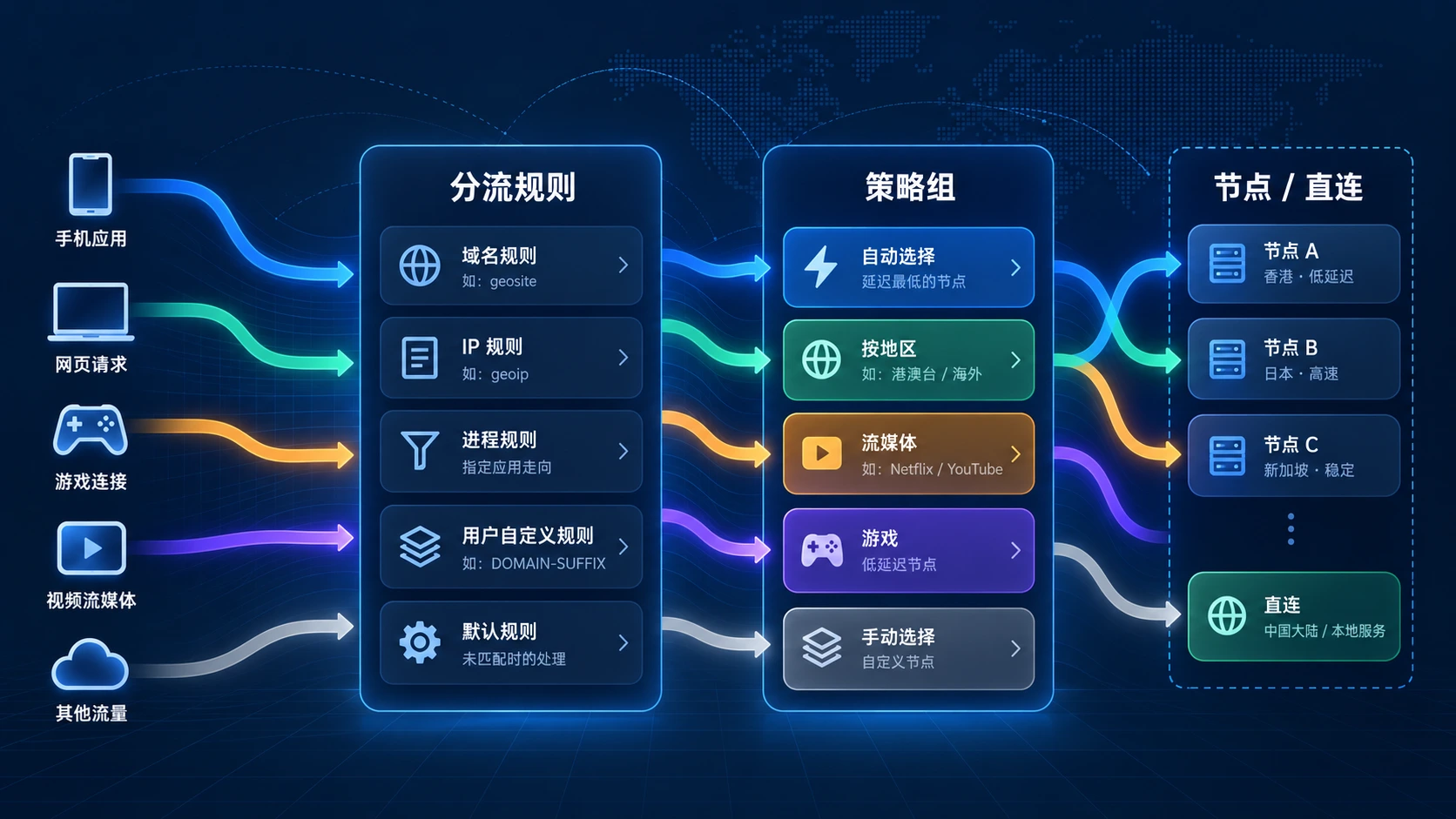 shadowrocket分流规则与小火箭规则配置流程图，展示规则匹配、策略组和节点或直连的关系