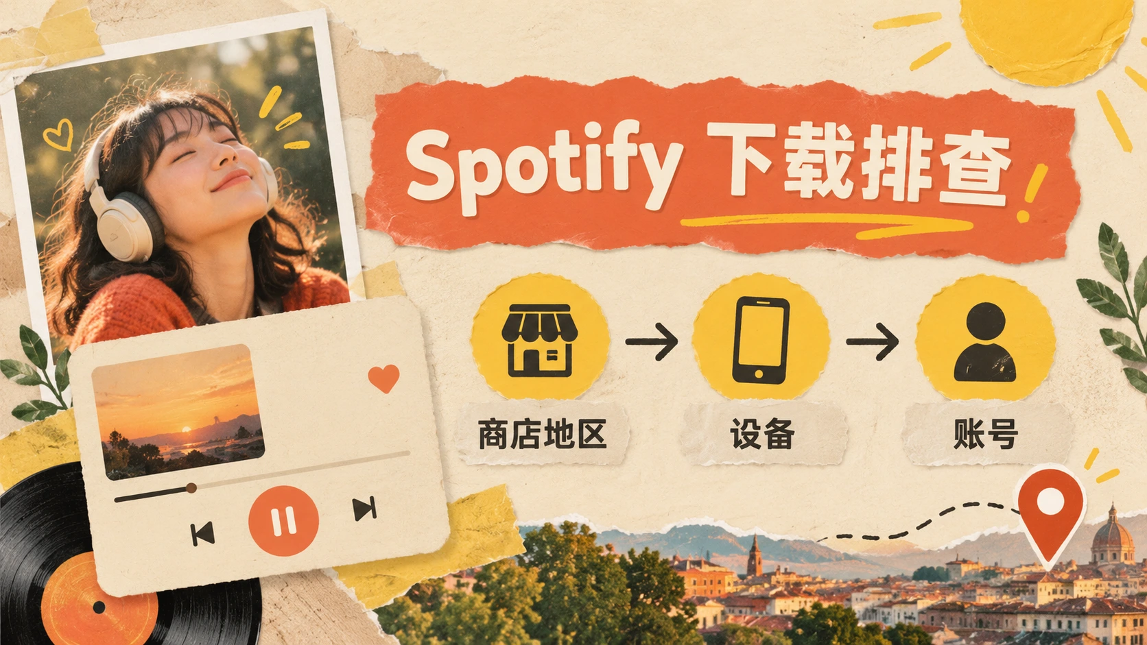 spotify下载不了时的地区与设备排查流程图，说明从商店地区、设备到账号逐项确认