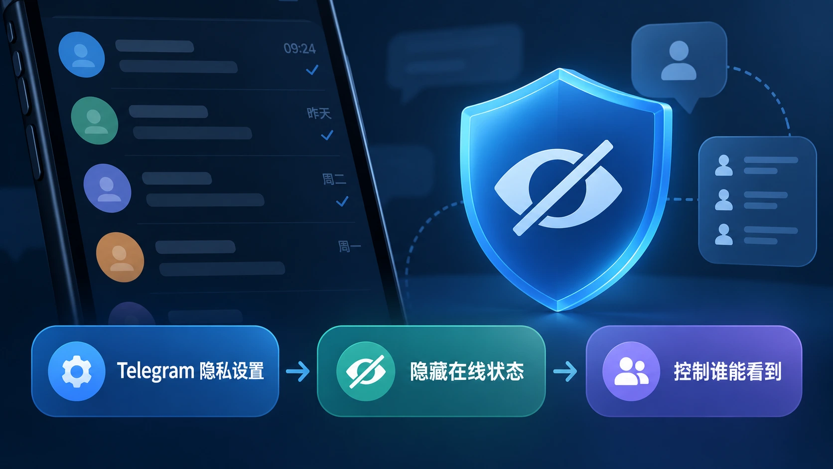 telegram隐私设置与telegram秘密聊天相关流程图，展示隐藏在线状态并控制可见范围