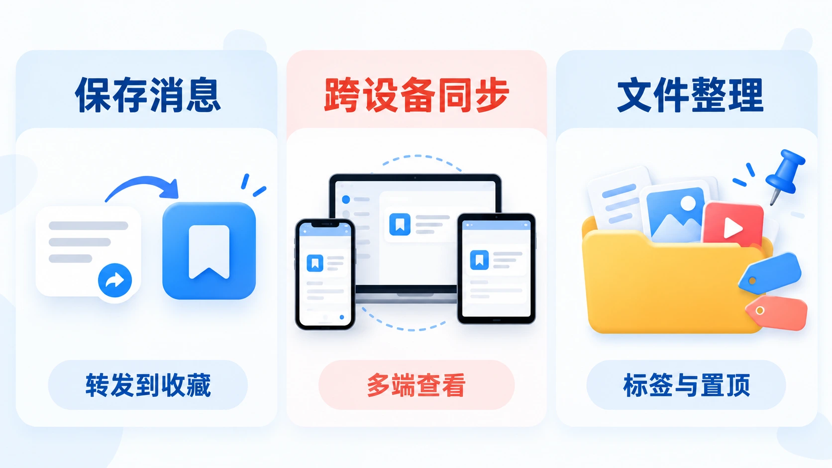 Telegram 收藏夹保存消息、跨设备同步与文件整理功能对照图