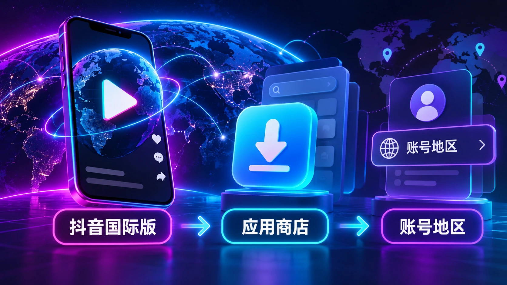 抖音国际版与抖音海外版下载流程图,展示应用商店来源、账号地区与安装判断