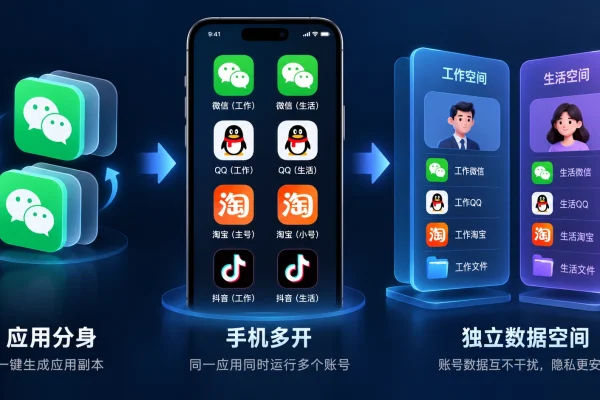 应用分身与手机多开使用流程图，展示如何建立独立数据空间