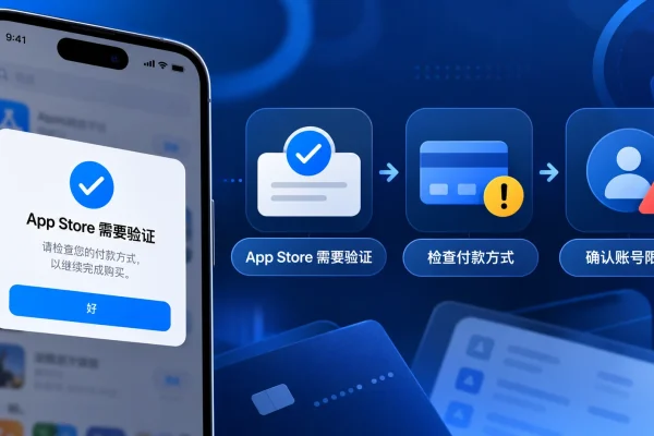 app store 需要验证时的排查流程图，说明如何检查付款方式、网络与账号限制