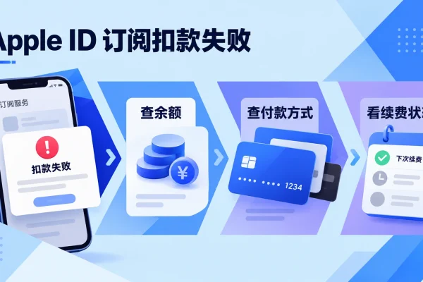 apple id订阅扣款失败的排查流程图，按余额、付款方式与续费失败状态逐项检查