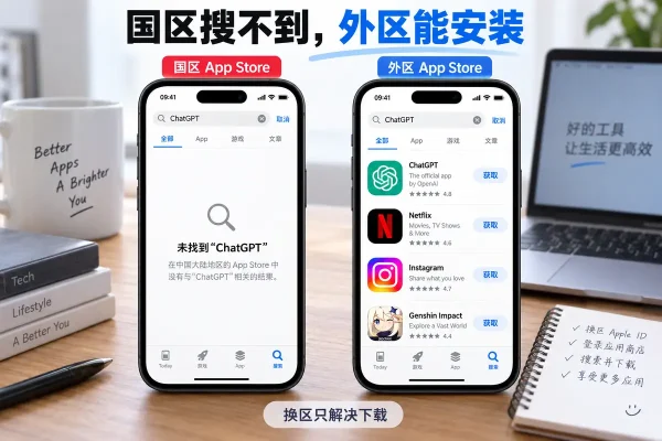 国区app store下载不了时，先确认应用是从未上架、被要求移除还是缺少版号；为什么国区没有这个app的答案不同。换用外区Apple ID通常只能解决搜索与下载安装，不能改变应用消失原因、账号注册、订阅付款、手机验证和游戏区服等后续限制。