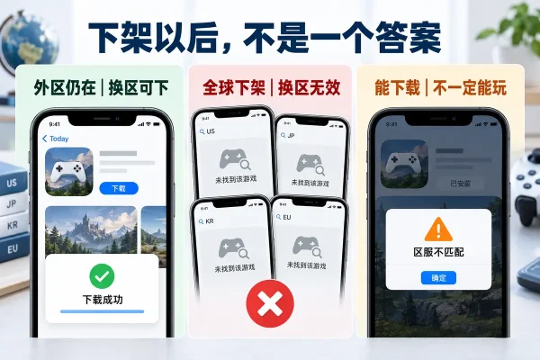判断国区下架游戏能否找回，先查地区App Store是否仍上架，再用原Apple ID查看已购项目；想知道外区游戏怎么下，还要确认港区、日区等货架。若游戏已全球停止运营且从未购买，换地区无法恢复；即使能安装，也需核对区服、服务器和账号数据。