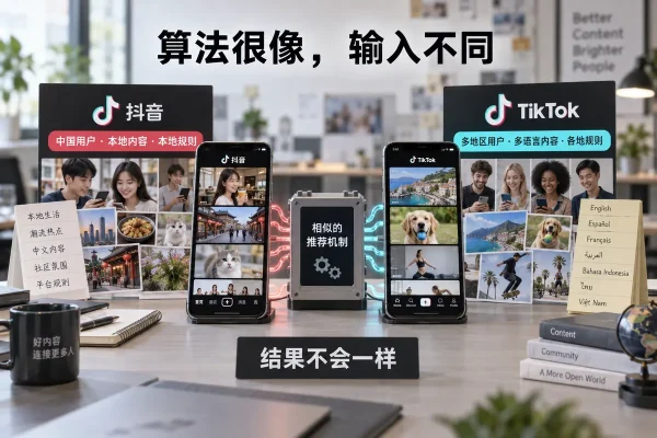 抖音和tiktok的区别不在公式，而在用户、内容池、语言、审核尺度与市场环境不同。tiktok算法会参考互动、视频信息和设备设置，但没有公布精确权重。迁移经验时，可保留开头、节奏和完播等注意力规律，发布时间、热点、审核与变现条件应重新验证。